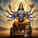 भगवद् गीता से हिंदी में कोट्स (quotes from gita in hindi) दर्शाती एक छवि: भगवान श्रीकृष्ण अर्जुन को अपना विराट रूप दिखा रहे हैं, ध्वज पर हनुमान जी विराजमान हैं।