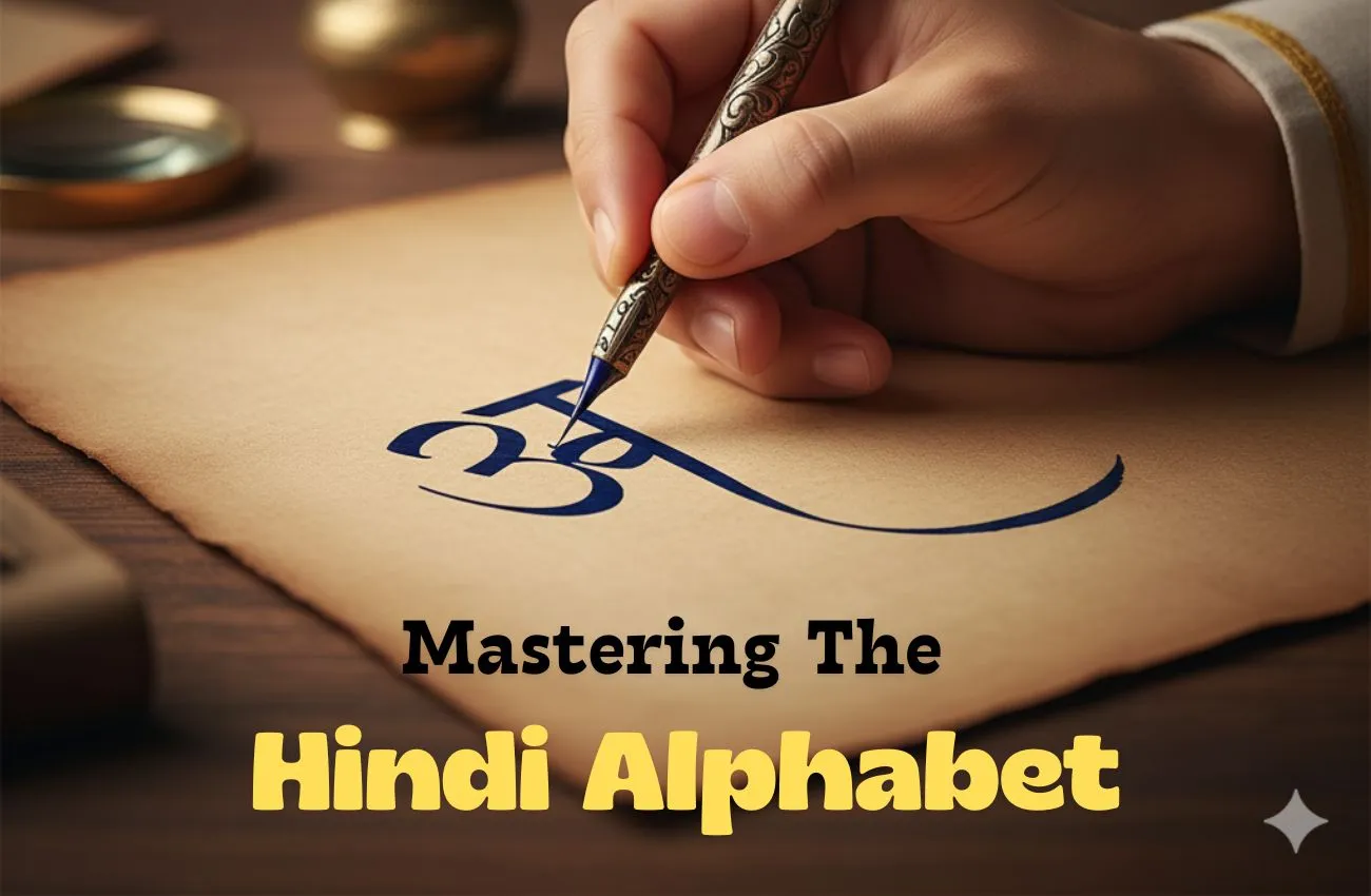 A hand gracefully writes the Hindi alphabet character 'अ' (A) with an antique calligraphy pen on parchment, symbolizing the art and heritage of Devanagari